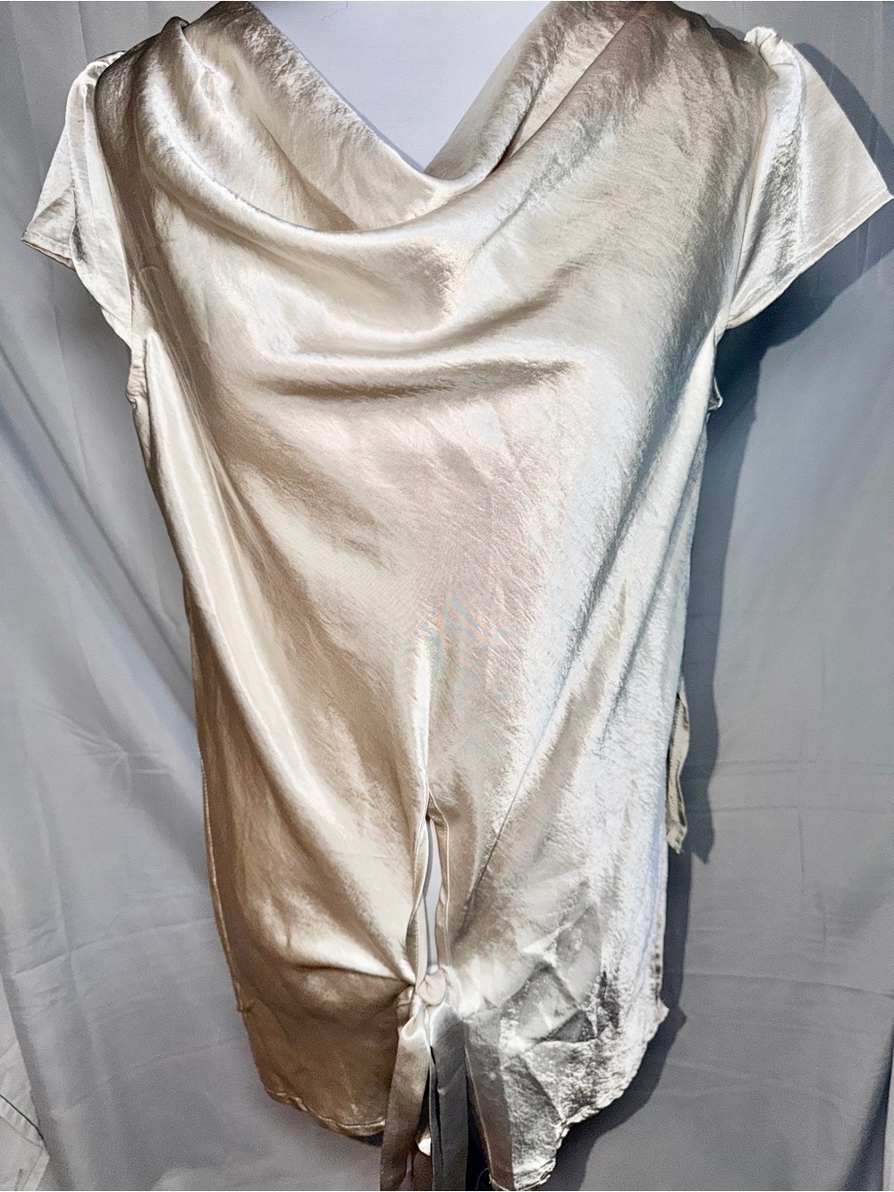 Satin Cowl Neck Hi-Low Tie-Front Blouse in Shimmery light champagne